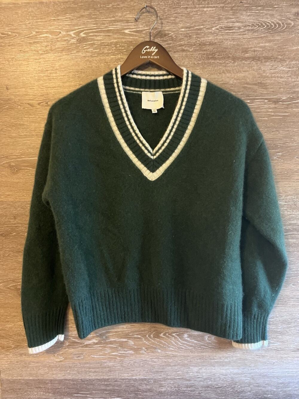 Reformation Dark Green V‑Neck Sweater with Cream Trim